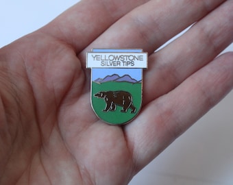 Vintage Enamel Yellowstone Silver Tips Pin, Lapel Pin with Bear, Yellowstone National Park Pin