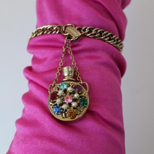 Vintage Mid Century 1950s Charm Bracelet Mini Jeweled Perfume Bottle Vial Vessel, Screw On Lid Old Hollywood Glam Charm Bracelet 7.5" Length