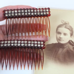 Pair of Vintage Celluloid Art Deco Hair Combs with 2 Rows Rhinestones, Faux Tortoise Pair Hair Combs Fabulous Vintage Hair Accessories