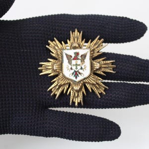 May include: A gold-coloured starburst brooch with a central shield featuring a coat of arms. The shield is white with a red and green design. The brooch is held against a dark background.