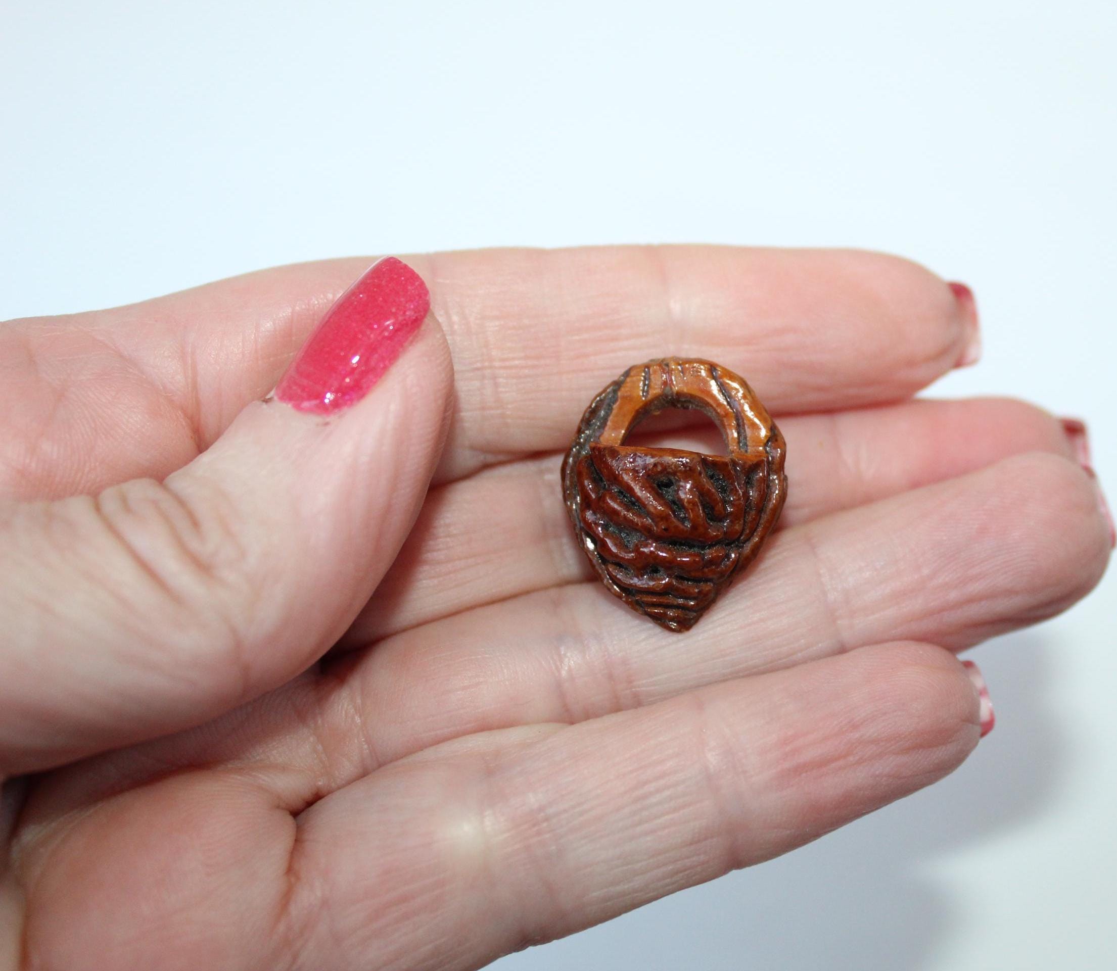 Vintage Hand Carved Folk Art Peach Pit Carved Peach Pit Basket, Older Antique Carved Peach Pit Miniature Basket, Mini Peach Pit Carving