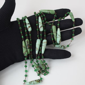 Estate Art Deco Era Wired Green Glass Venetian Bead Necklace Long Flapper Style 56&quot; Length, Shades Green Necklace Mint Green Chocolate Color