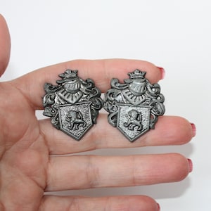 Vintage Heraldic Crest Silver Mid Century Cuff Links with Clawed Lion Knight, Medieval Renaissance Very Large Cuff Links Crest Coat of Arms