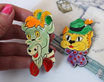 Pair of Vintage Kitsch Animal Celluloid Large Pins, 1950s Mountain Goat, Cat with Oktoberfest Hat, Both Signed Made in Germany, Mid Century