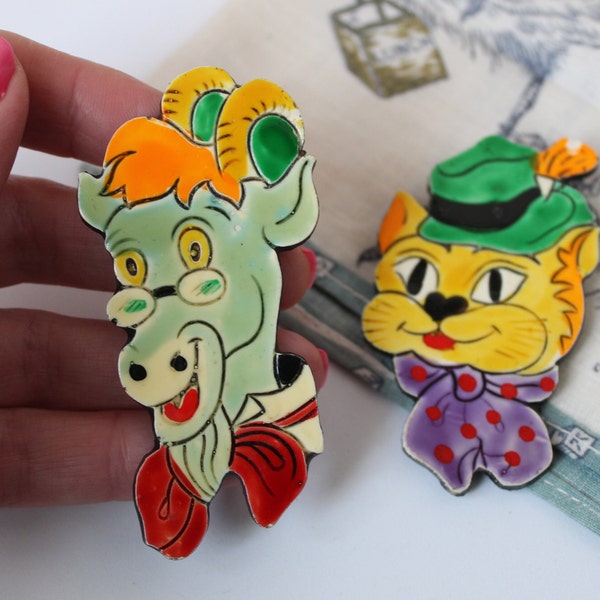 Pair of Vintage Kitsch Animal Celluloid Large Pins, 1950s Mountain Goat, Cat with Oktoberfest Hat, Both Signed Made in Germany, Mid Century