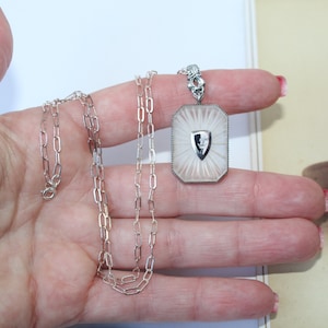 Antique Art Deco Larger White Frosted Camphor Glass Necklace Enamel Christian Cross Crown Logo, 20&quot; Sterling Silver Paper Clip Chain, SALE!
