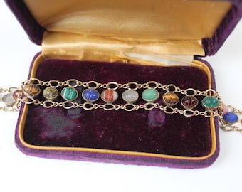 Fine Estate Jewelry - Exquisite Mid Century Designer 12K Yellow Gold Filled SCARAB Bracelet Natural Semi Precious Scarabs Rock Quartz Jade