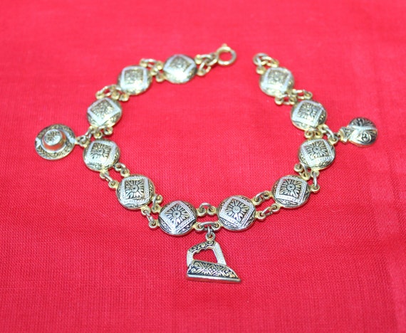 Vintage Damascene Charm Bracelet with Dangle Char… - image 7