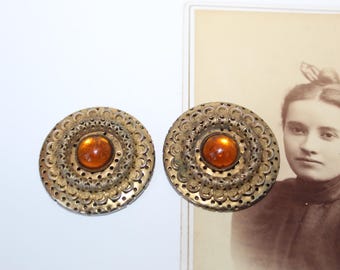 Antique Vintage Art Deco Era Shoe Clips Shoe Accessories 1930s Large Round Citrine Like Glass Cabochon Filigree Shoe Clips or Dress Clips