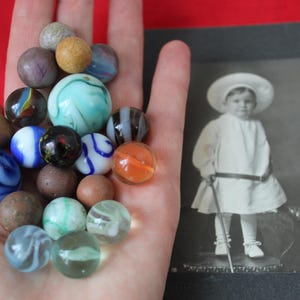 20 Antique Marbles Victorian Glass Marbles, Many Shade Of Blue Here, Agates, 2 Shooter Larger Marbles, Some Clay Plus Many Unique Ones,