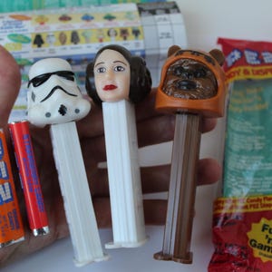 Vintage 1990s Star Wars Pez Dispenser Set with Princess Leia Pez, Chewbacca, Storm Trooper with Package & Pez Candy, as Shown