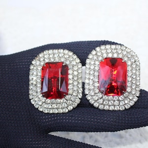 Vintage Estate Jewelry - HUGE Mid Century Faux Ruby Red Faceted Glass White Crystal Clip On Earrings, GREAT Condition Big Statement Earrings