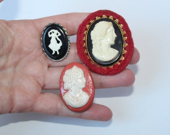 Vintage 3 Pcs Cameo Lot - Older Unique Unusual Cameo Pins, Some Mid Century Cameo Pins, Molded Cameo Jewelry