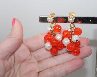 Vintage Mid Century Mod 1960s Dangle Faux Pearl and Translucent Orange Beaded Dangle Fun Earrings, Gold Tone Clip Ons