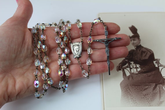 Beautiful Antique Iridescent Crystal Rosary, Face… - image 6