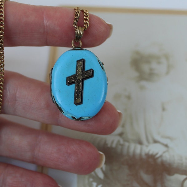 Antique Victorian Era 1870s Robin Egg Blue Mourning Locket with Cross, Blonde Mourning Hair, Gothic Cross on Front Necklace Long Chain 26"