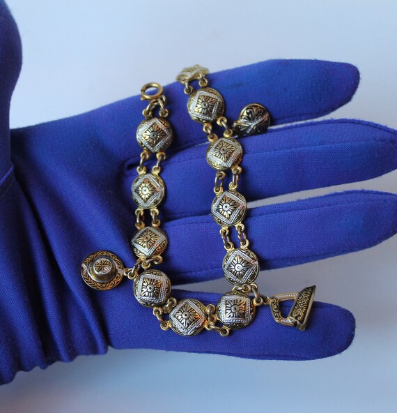 Vintage Damascene Charm Bracelet with Dangle Char… - image 1