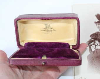 Antique Vintage Push Button Jewelry Watch Box, Deep Burgundy Jewelry Display Box Purple Velvet Interior, Champagne Satin Reading PA