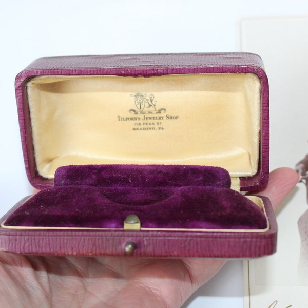 Antique Vintage Push Button Jewelry Watch Box, Deep Burgundy Jewelry Display Box Purple Velvet Interior, Champagne Satin Reading PA