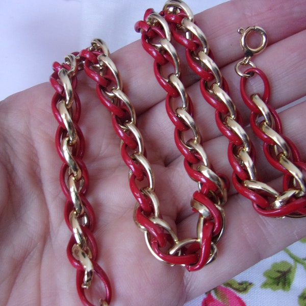 Vintage Red and Gold Chain Signed Trifari, Choker signed Trifari Red Metal and Gold Tone Chain 15.5" long