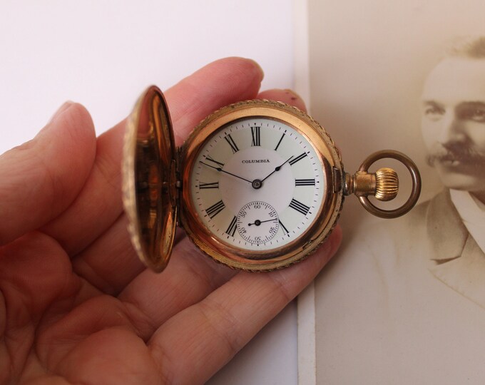 Antique Victorian Era Pocket Watch by Columbia, Full Hunter Case ELK on