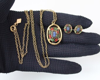 Vintage Sarah Coventry Jewelry Set 1960s Lights Of The East Pendant Necklace On Long 26&quot; Chain & Pierced Post Earrings 1968 Sarah Cov Set