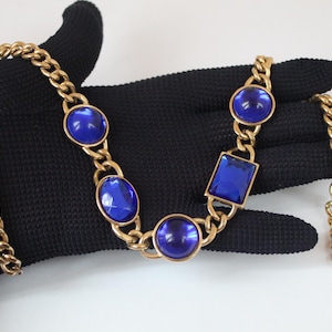 Vintage 1980s Purple GRIPOIX Gold Tone Necklace Beautiful Vintage Geometric Gripoix Jelly Blue Purple Cabochons 18&quot; Gold Tone Chain Very 80s