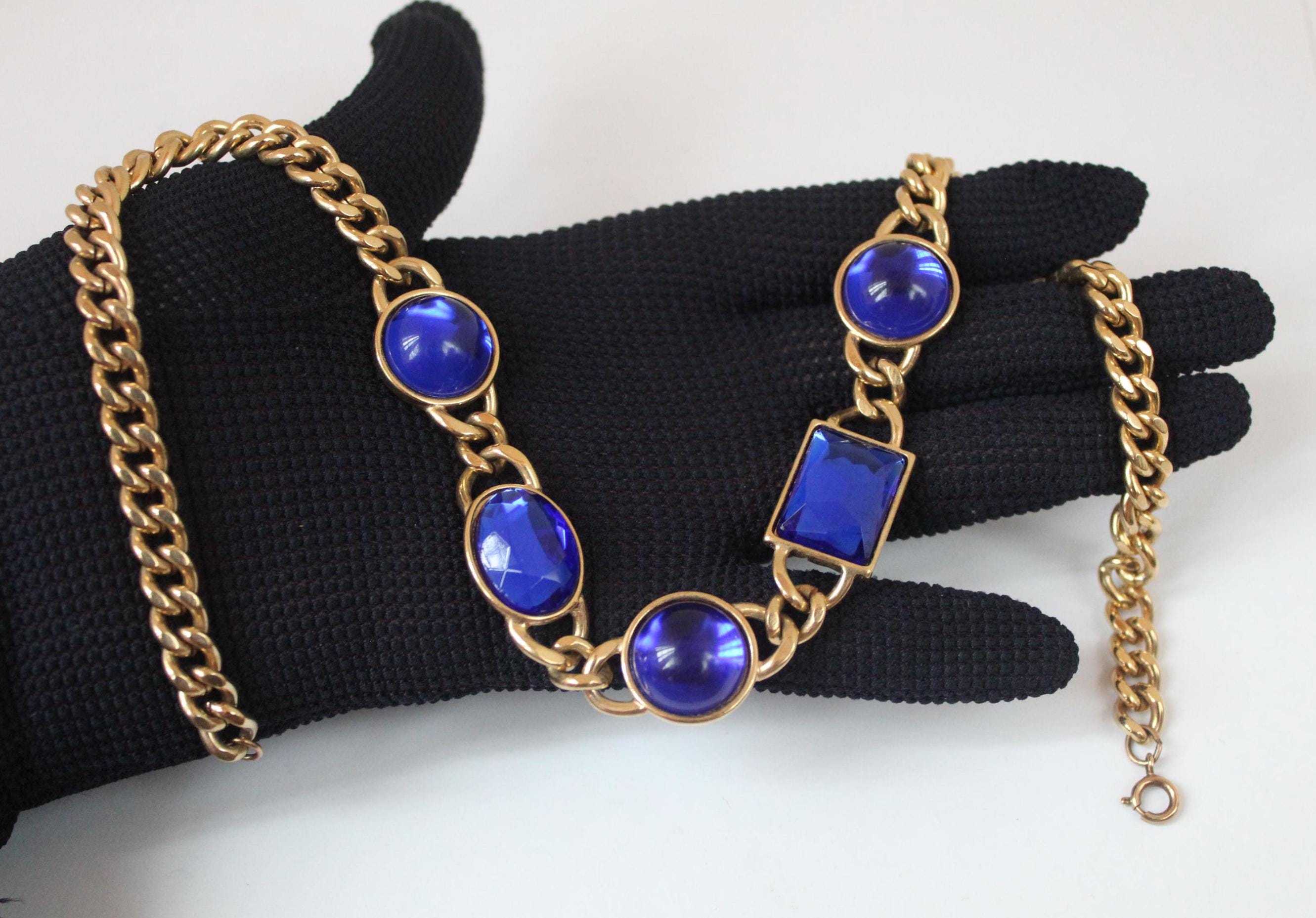 Vintage 1980s Purple GRIPOIX Gold Tone Necklace Beautiful Vintage Geometric Gripoix Jelly Blue Purple Cabochons 18" Gold Tone Chain Very 80s