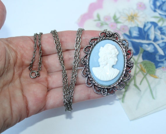 Vintage Mid Century Large Blue Cameo Necklace wit… - image 1