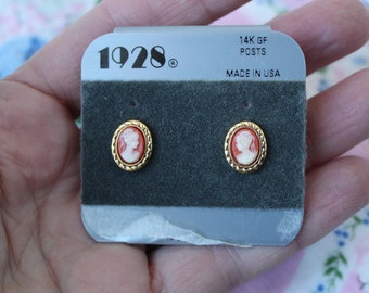 Vintage 1928 Jewelry Company Small Molded Cameo Earrings, Victorian Style Minimalist Never Worn Pierced Gold Filled Cameos Original Card