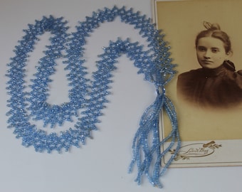 Antique Vintage Art Deco Light Blue ALL GLASS Necklace, Long Flapper Style Necklace Tiny Glass Beads, Tassel On End, Gorgeous Estate Jewelry