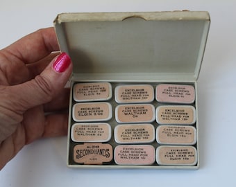 FANTASTIC Antique Watch Parts With Old Box, Tins with Watch Screws, Waltham, Second Hands, Case Screws for Elgin, Waltham, So Many Parts