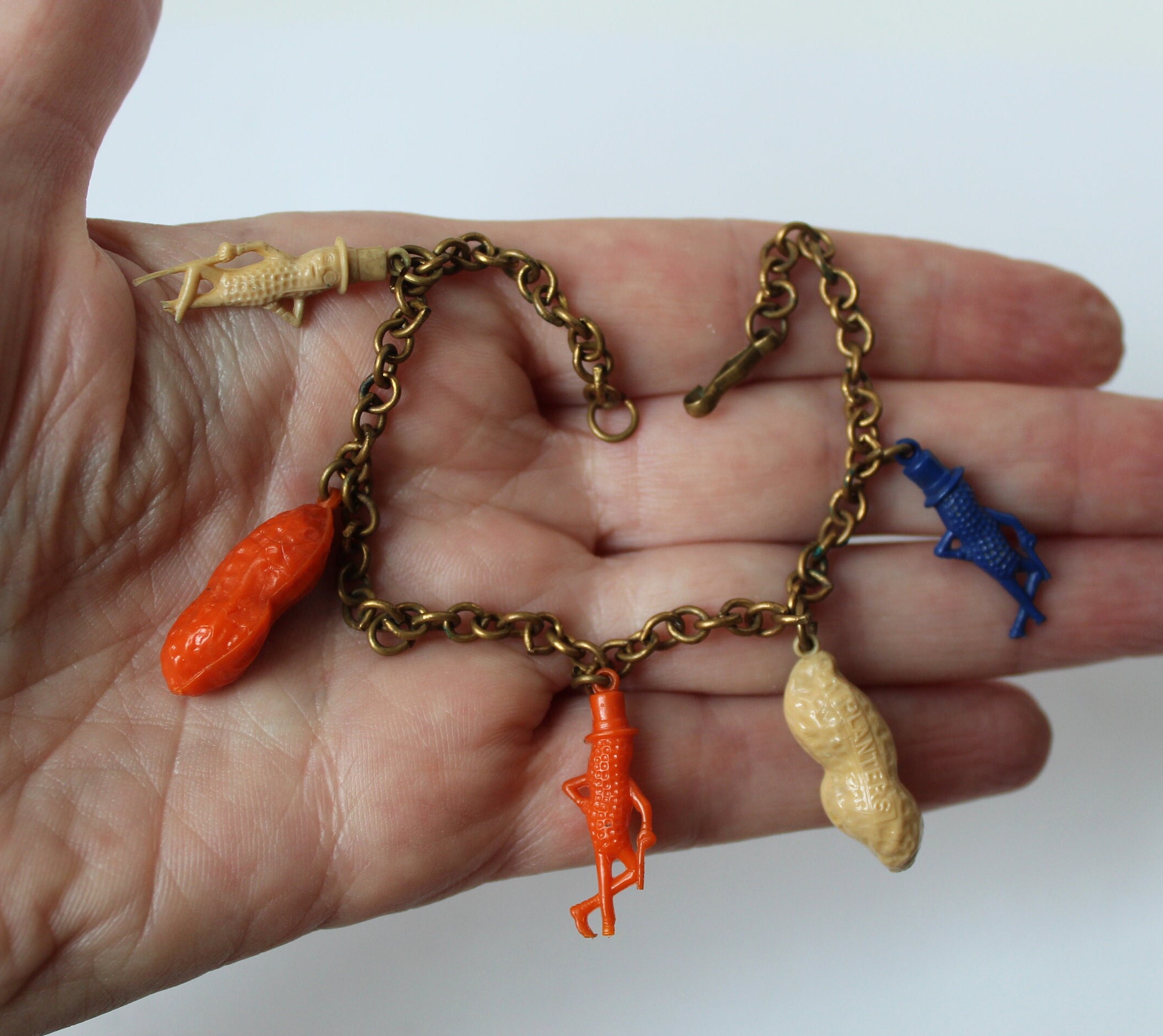 Vintage 1930s Planters Mr Peanut Celluloid Charm Bracelet, Old
