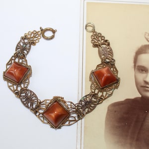 Antique Art Deco Era Bracelet, Gorgeous Caramel Color Art Glass Cabochon Czech Made Filigree Bracelet, Original Flapper Gatsby Era Jewelry