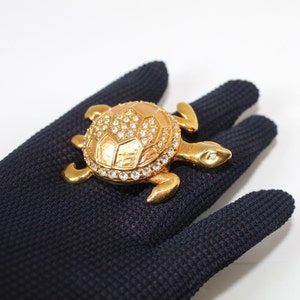 Vintage Large Gold Tone Turtle Pin Brooch with Many White Crystals, Sparkling Rhinestone Turtle Pin Mid Century