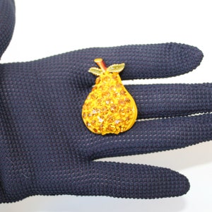 Vintage 50s Kitsch Mid Century Pear Fruit Pin Brooch, Enamel Citrine Like Pave Stones Rhinestone Pear Pin Brooch 1950s or 60s Wow!