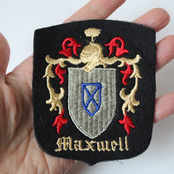 Vintage Old Felt Coat Of Arms Crest Patch "MAXWELL" Heraldic Maxwell Coat Of Arms Crest Shield with Knight from Phila PA Estate