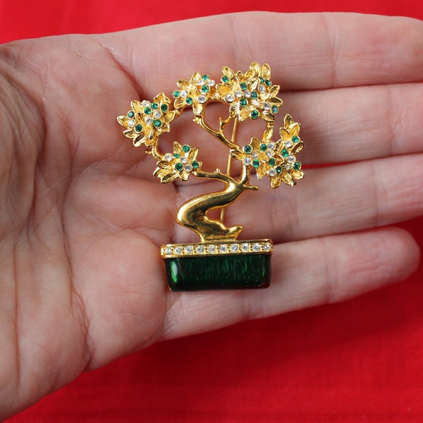 Vintage Bonsai Tree Pin Brooch, Asian Style Miniature Bonsai Tree Pin Brooch with Green & White Crystals Set in Gold Plate, Gorgeous