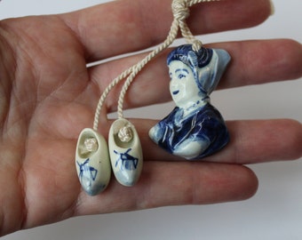 Vintage Mid Century Delft Porcelain Holland Amsterdam Lady Decoration with Miniature Holland Dutch Shoes, Wall Hanging Dutch Decor