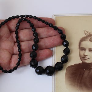 Vintage French Jet Black Glass Beaded Graduated Necklace 21&quot; Long, Large Mourning Beads in Front, Antique Mourning Necklace