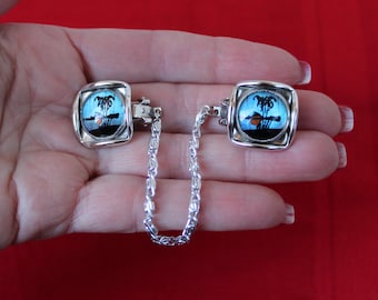 Vintage echte vlindervleugel sieraden truiclip, vintage truibeschermer tropische scène palmbomen zonsondergang gemaakt van blauwe morpho-vlinder