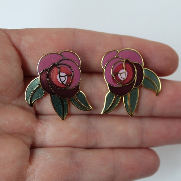 Vintage Laurel Burch "Deco Rose" Earrings, Gold Cloisonne with Pink Red Green Enamel Rose Gold Filled Post Earrings, 1980s Vintage Jewelry