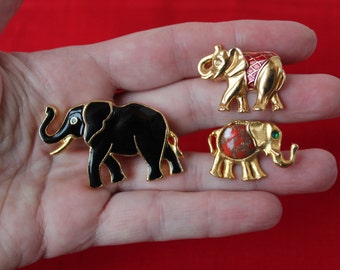 Vintage 3 Pieces Elephant Pin Lot, Black Enamel Elephant Pin Signed SFJ, 2 Gold Tone Elephant Pins or Tie Tacks, All Great, Rhinestone Eyes