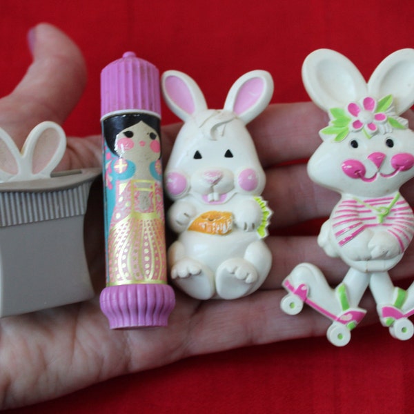 Vintage 1970s Avon Pin Pals Lot 4 Pieces! From the 1970s Rabbits, Funny Bunny 1973, Small World, Perfume Glace 1973, 1975