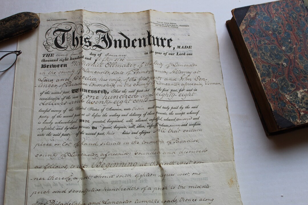 Lancaster County Deed 1856, Paradise Twnshp, Nathaniel Ellmaker, PA State Rep, US Civil War Dept