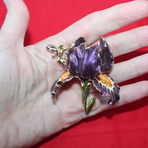 Vintage Large RARE Kirk&#39;s Folly Kirks Whimsical Fairy and Iris brooch 3D Rich purple enamel Vintage retired and signed