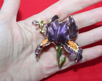 Vintage Large RARE Kirk's Folly Kirks Whimsical Fairy and Iris brooch 3D Rich purple enamel Vintage retired and signed