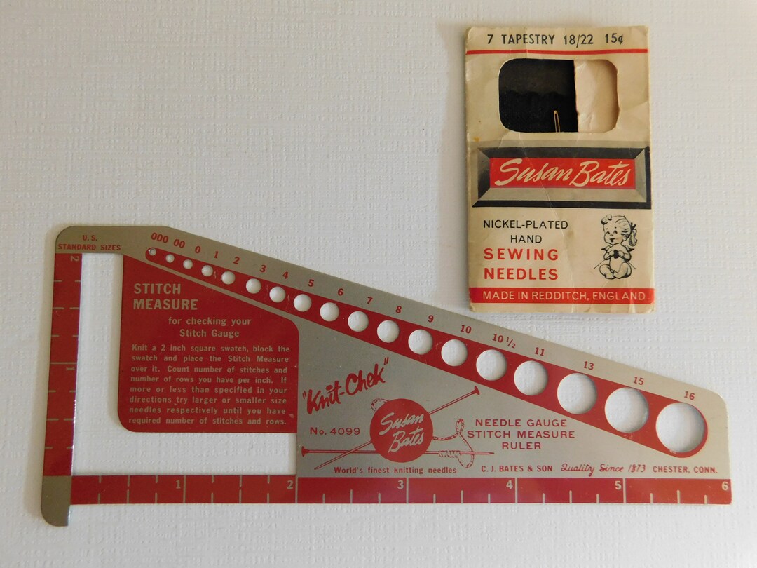 Susan Bates Needle Gauge and Stitch Measure Ruler and One Sewing Needle ...