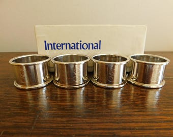 Set of 4 Silverplated Napkin Rings with "S" Etching in Original Box from International Silver Company