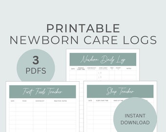May include: Printable newborn care logs in three PDFs. The logs include a daily log, a first foods tracker, and a sleep tracker. The logs are designed for A4 or letter size paper.